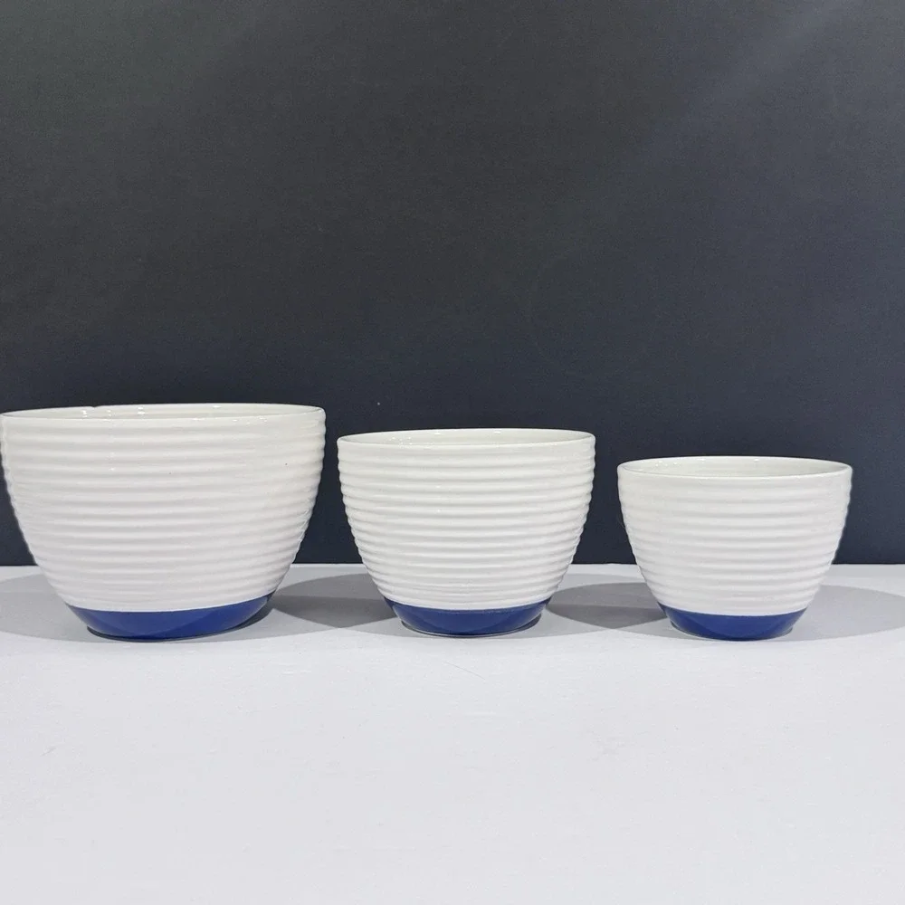 (3) Oxford & Thyme Ribbed Nesting Bowls Classic White & Blue Design GUC SEE PICS